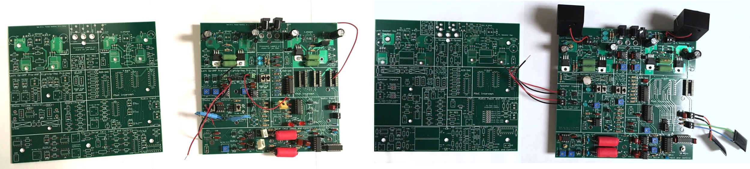 Revision 1 (blank PCB - left, populated PCB - left-middle) and Revision 2 (blank PCB - right-middle, populated PCB - right)
